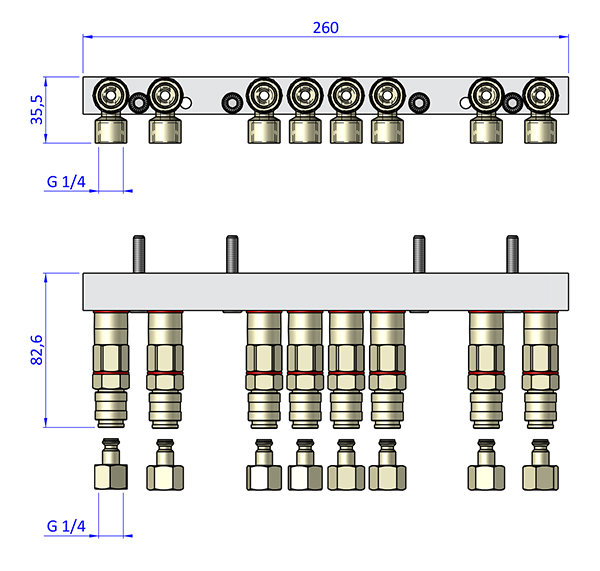 Luftanschlussleiste LAL.3.8 für quadratisches Schnellwechselsystem, passend für SWM3, mit 8 Anschlüssen; Schneller Wechsel von Greifern am Roboter