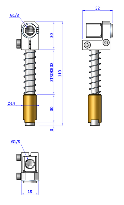 Federstößel GGS141840, für normale Bedingungen, Befestigung durch Klemmkörper Durchmesser 14 mm, Hub 38 mm, Saugeranschluss verstellbar, verdrehgesichert - Sanftes Aufsetzen und Höhenausgleich