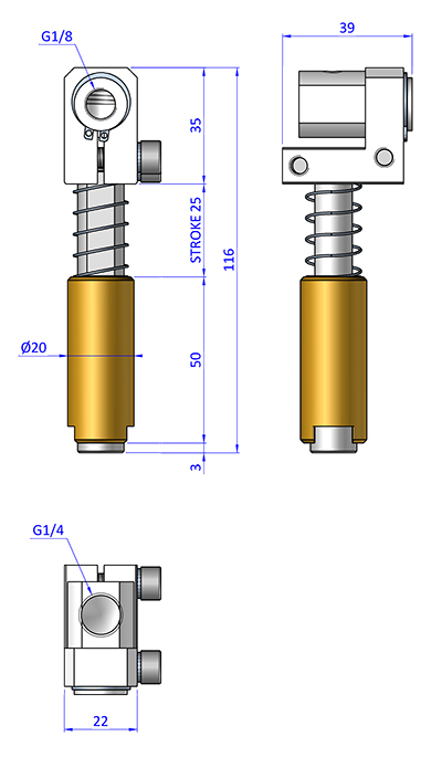 Federstößel GGS201425, für normale Bedingungen, Befestigung durch Klemmkörper Durchmesser 20 mm, Hub 25 mm, Saugeranschluss verstellbar, verdrehgesichert - Sanftes Aufsetzen und Höhenausgleich