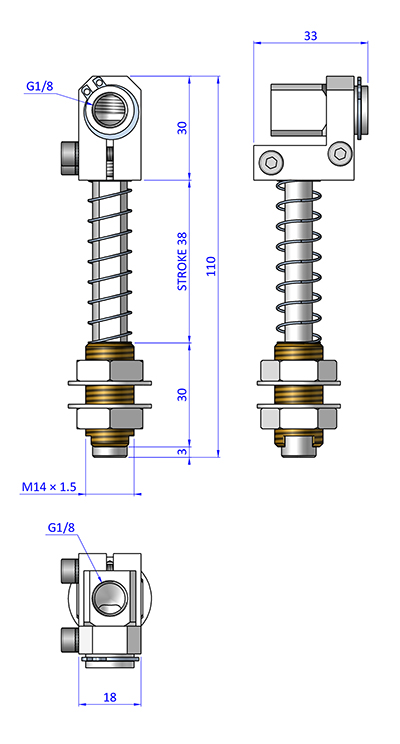 Federstößel GGSM141840für normale Bedingungen, Befestigung durch Schottverschraubung M14x1,5 Hub 38 mm, Saugeranschluss verstellbar, verdrehgesichert - Sanftes Aufsetzen und Höhenausgleich